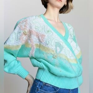 80s Jaclyn Smith Mint Green Beaded Sweater Pastel Pearls Grannycore Barbiecore M